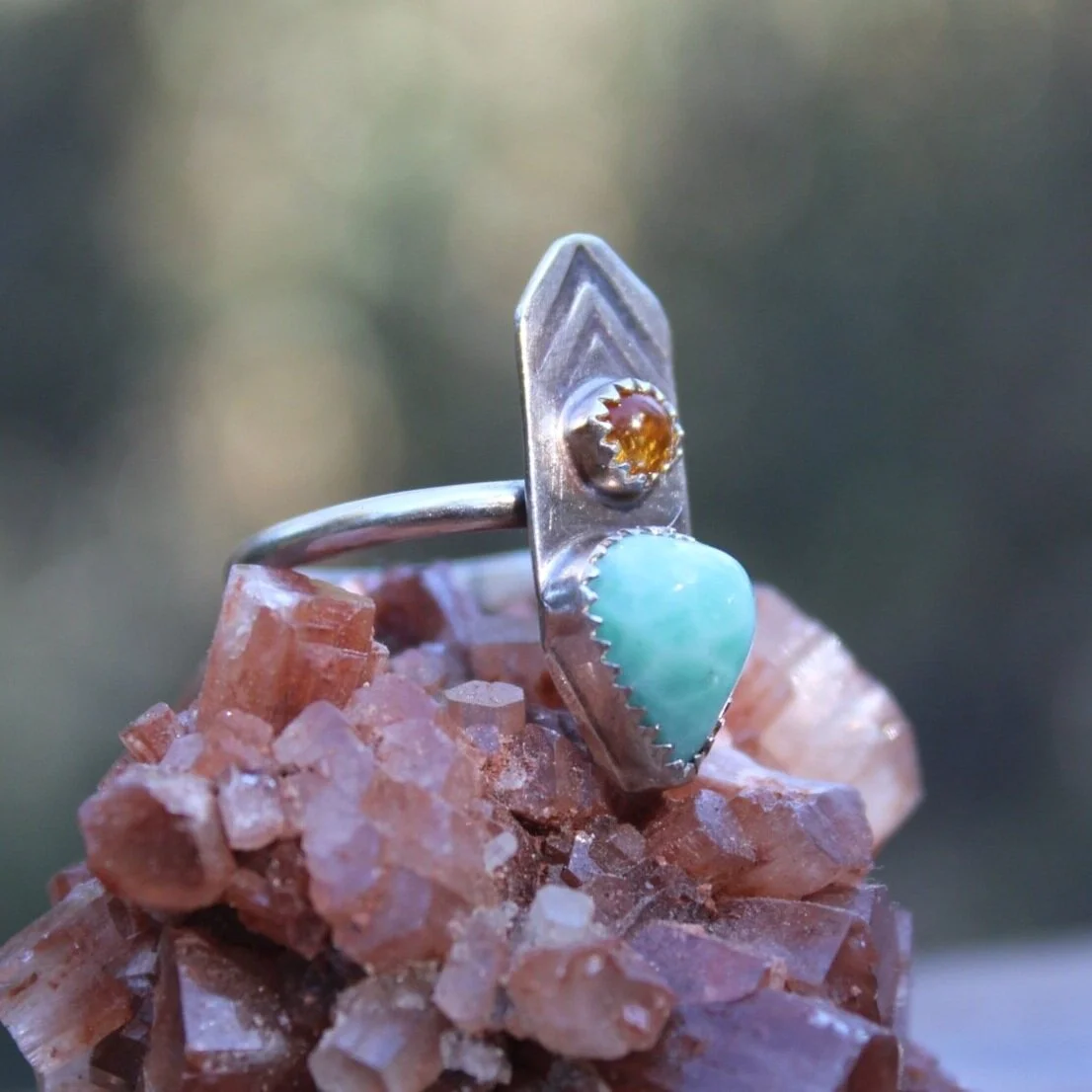 Handcrafted Artisan Jewelry ~ Larimar + Amber ~ Within Camp ~ Mixed Metal Ring ~ All Goods From The Woods ~ Made in California