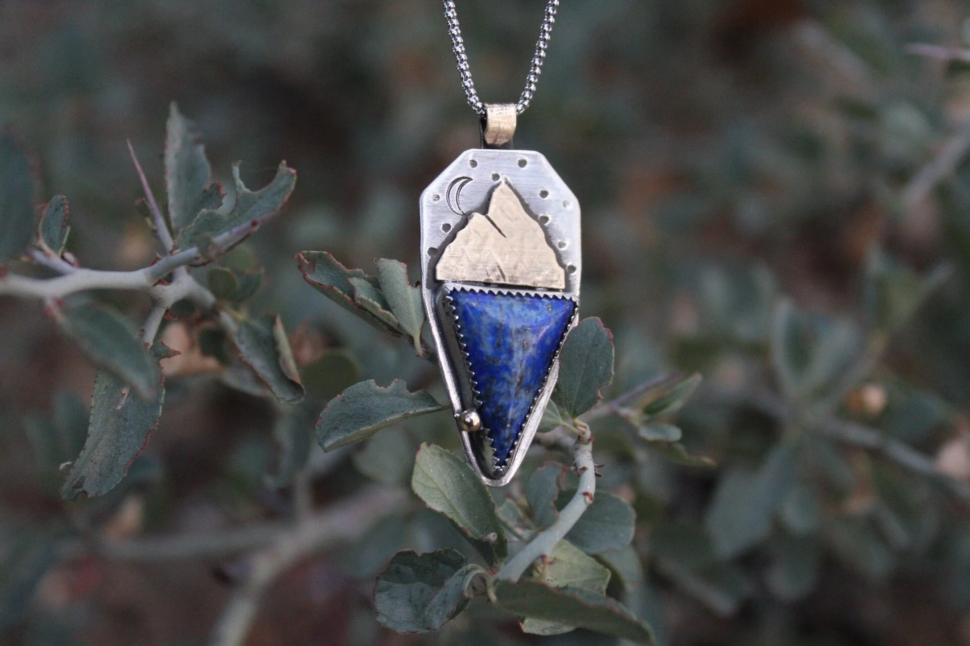 Handcrafted Artisan Jewelry ~ Lapis Lazuli ~ Night Sky ~ Triangle "Beyond the Range of Light" ~ Mixed Metal Necklace ~ All Goods From The Woods ~ Made in California