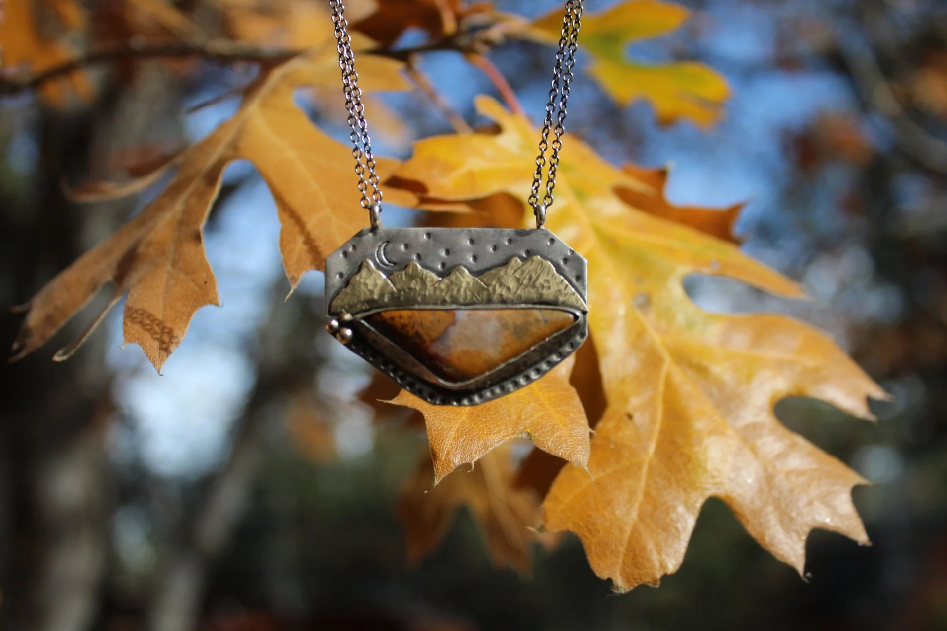 Handcrafted Artisan Jewelry ~ Moss Agate + Autumn in the Mountains ~ Mixed Metal Necklace ~ Sterling Silver and Bronze ~ All Goods From The Woods ~ Made in California