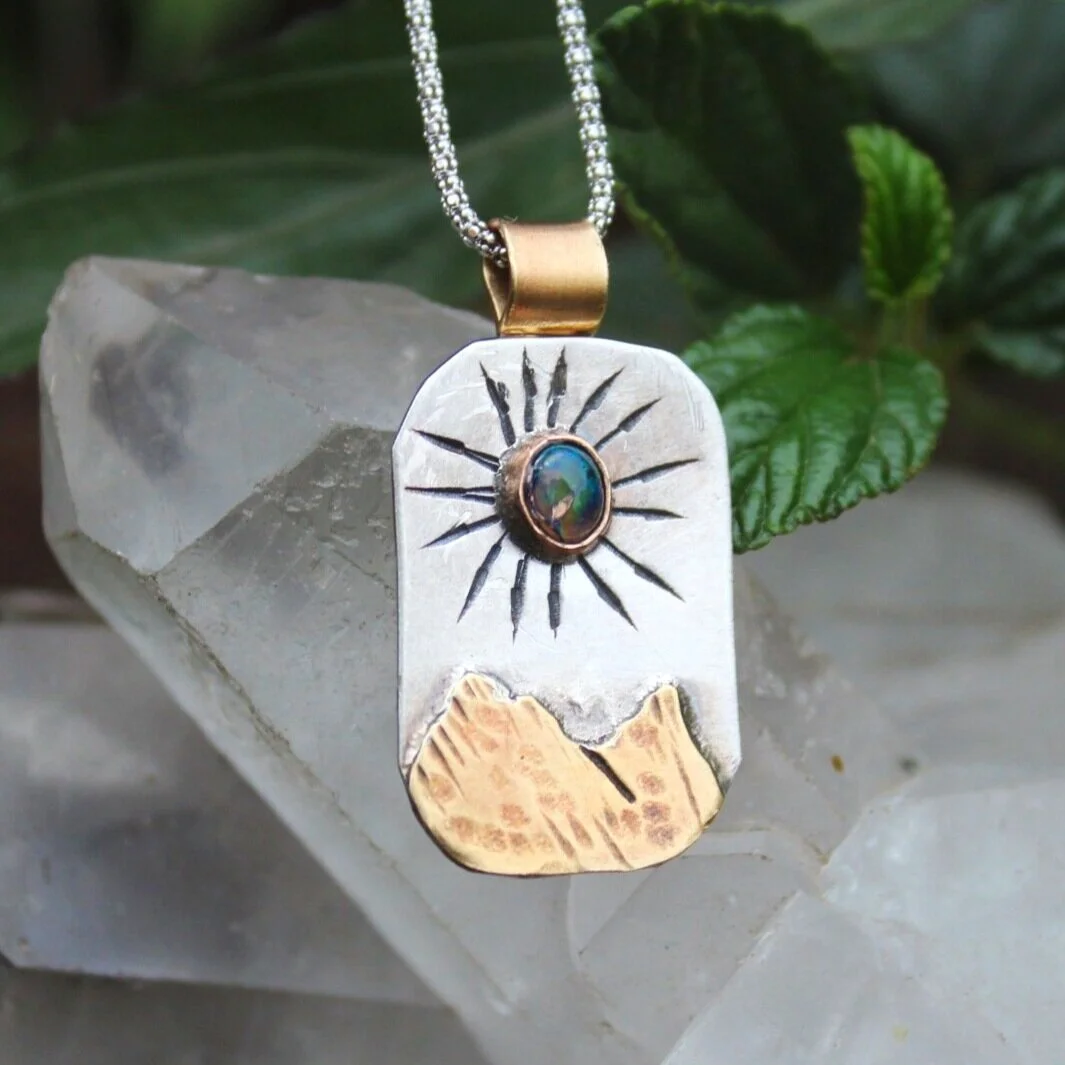 Handcrafted Artisan Jewelry ~ Fire Opal ~ Beyond the Mountains ~ Dainty Mixed Metal Necklace ~ Sterling Silver and Bronze ~ All Goods From The Woods ~ Made in California