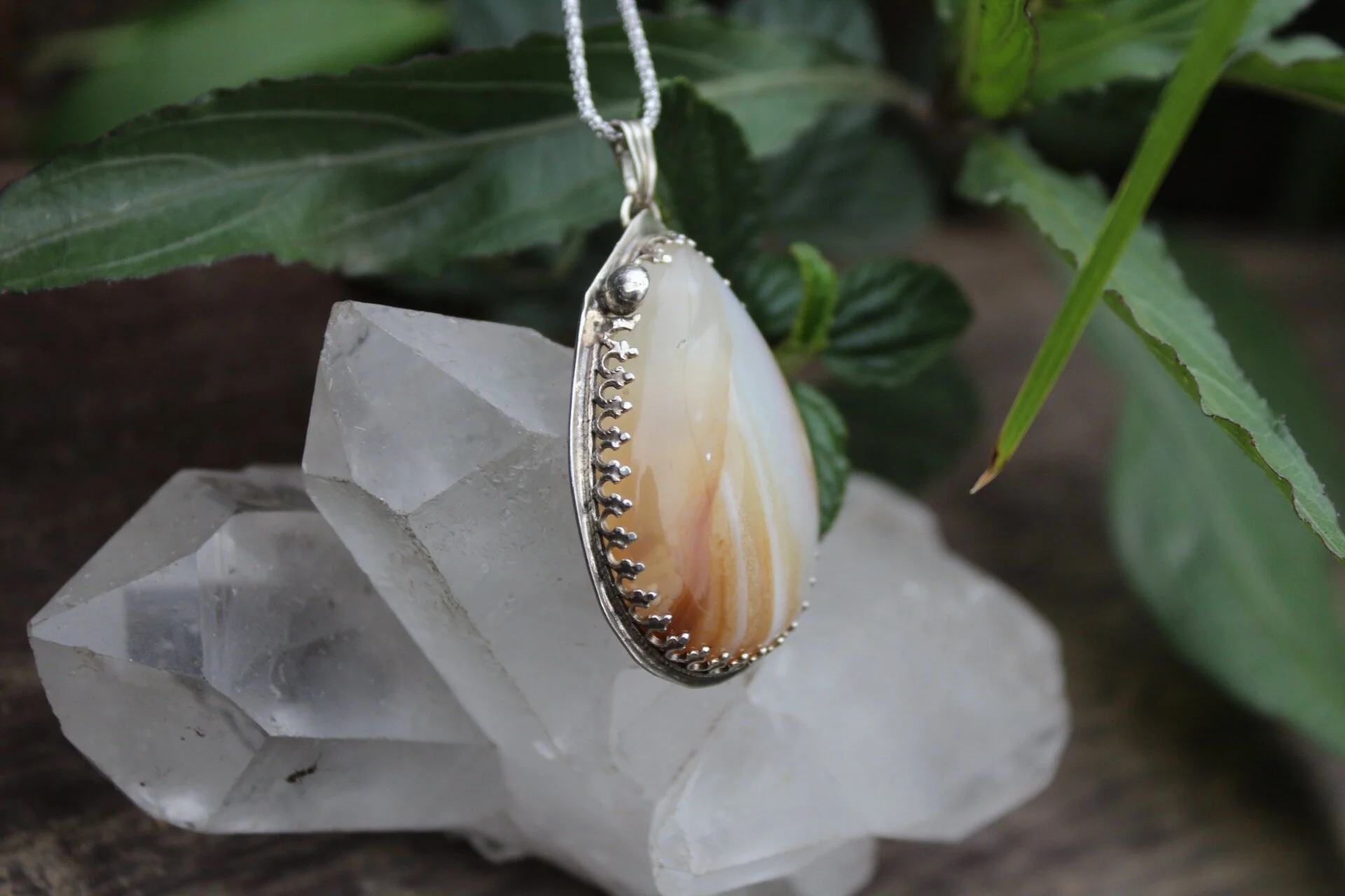 Handcrafted Artisan Jewelry ~ Beige Botswana Agate  ~ Goddess Setting ~ LARGE Simple Sterling Silver Necklace ~ All Goods From The Woods ~ Made in California