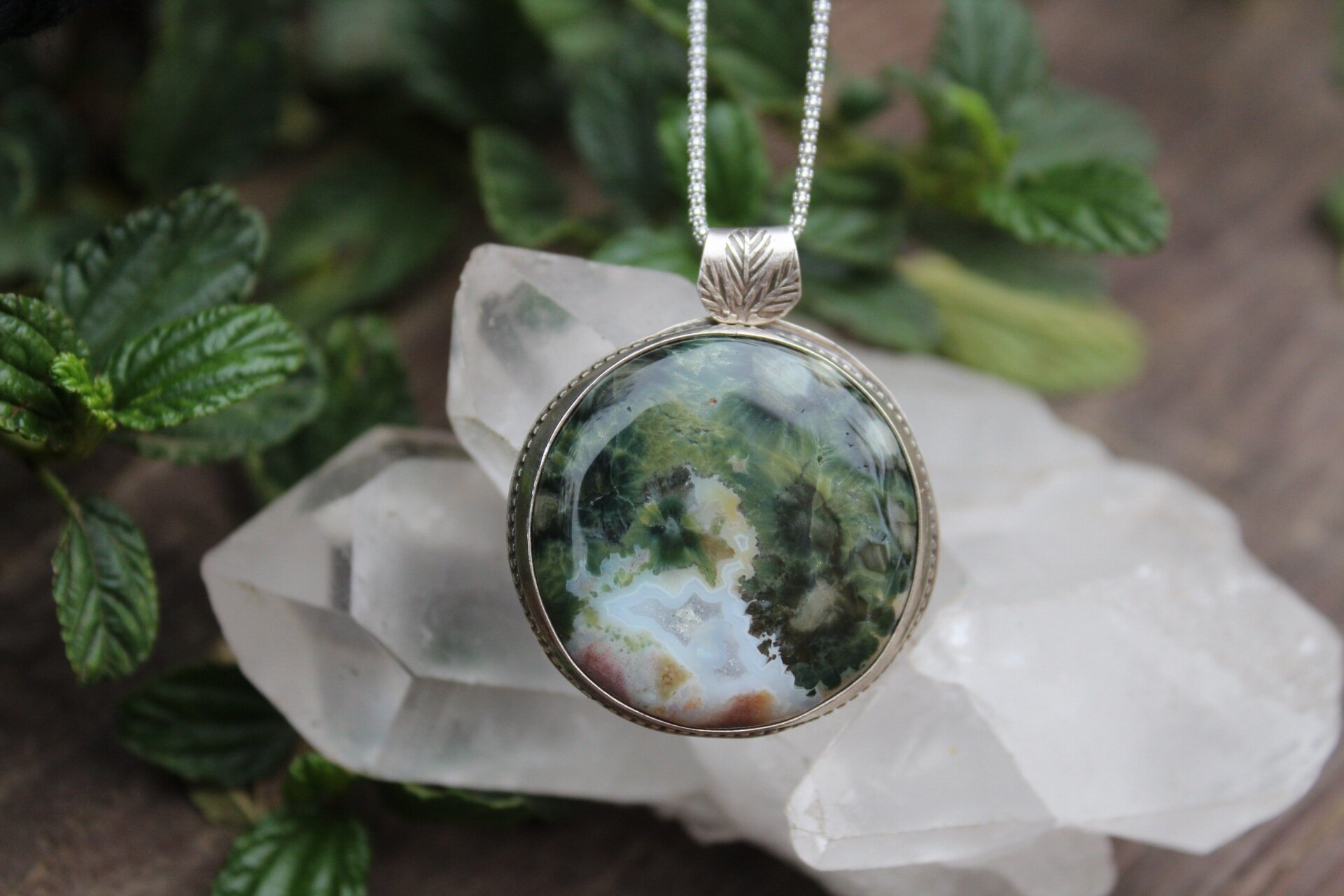 Handcrafted Artisan Jewelry ~ Ocean Jasper ~ Earth Medicine ~ Leaf Love ~ LARGE Sterling Silver Necklace ~ All Goods From The Woods ~ Made in California