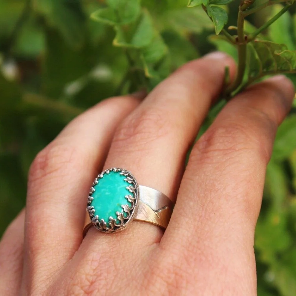 Handcrafted Artisan Jewelry ~ Kingman Turquoise ~ Goddess Setting ~ Eastern Sierras ~ Sterling Silver Ring - Size 8.5 ~ All Goods From The Woods ~ Made in California