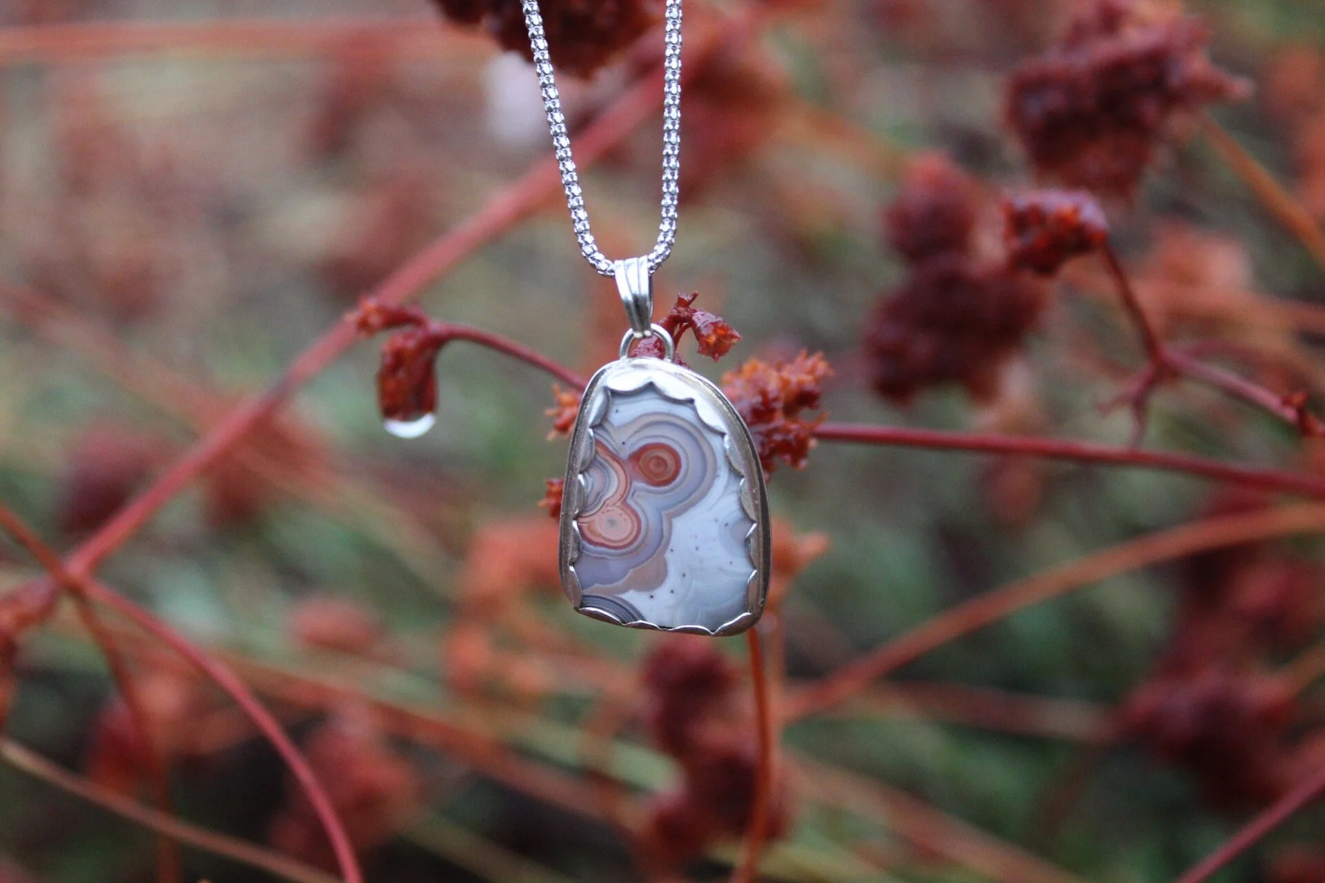 Handcrafted Artisan Jewelry ~ Crazy Lace Agate ~ Designed by Nature ~ Red Vein ~ Sterling Silver Necklace ~ All Goods From The Woods ~ Made in California