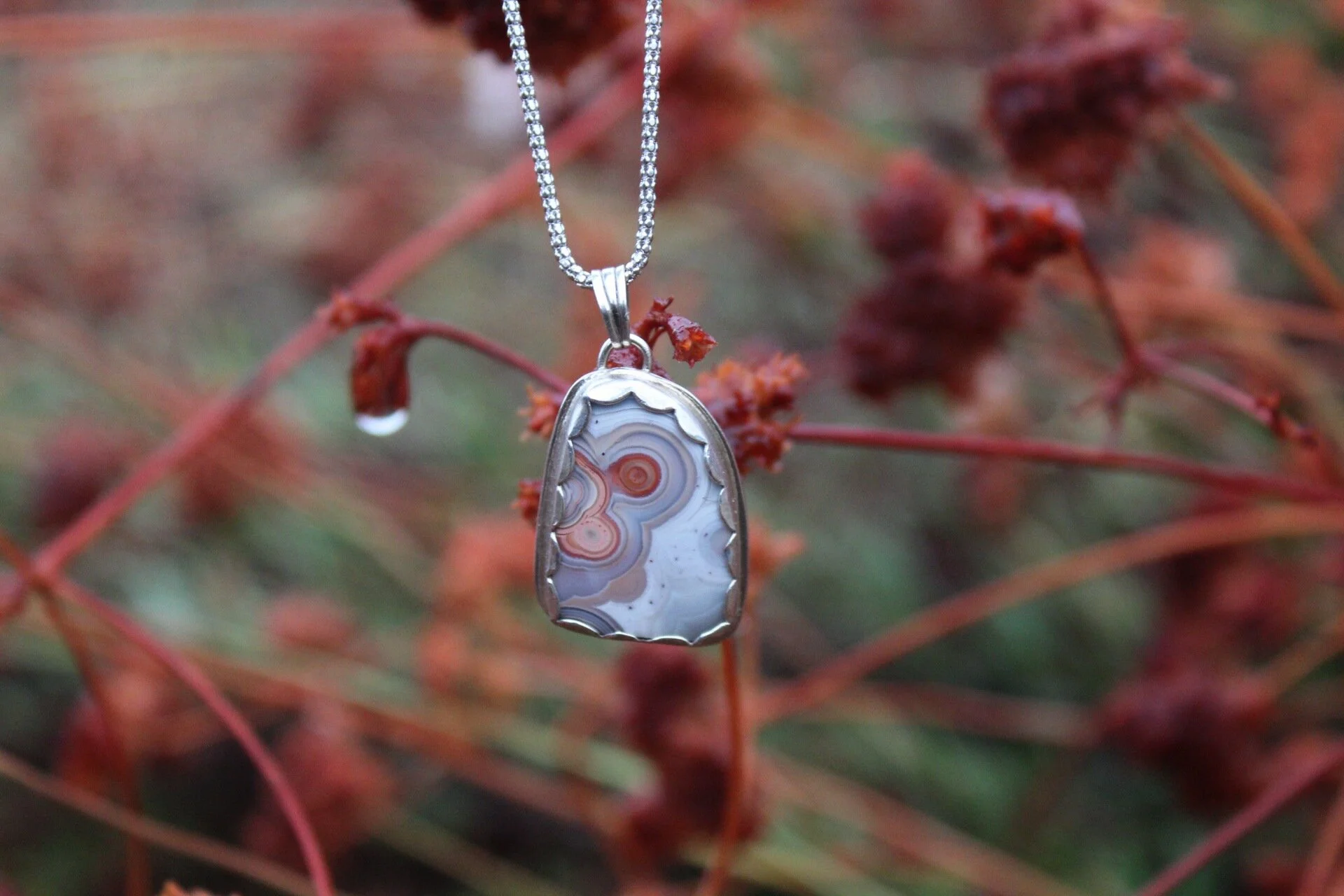 Handcrafted Artisan Jewelry ~ Crazy Lace Agate ~ Designed by Nature ~ Red Vein ~ Sterling Silver Necklace ~ All Goods From The Woods ~ Made in California