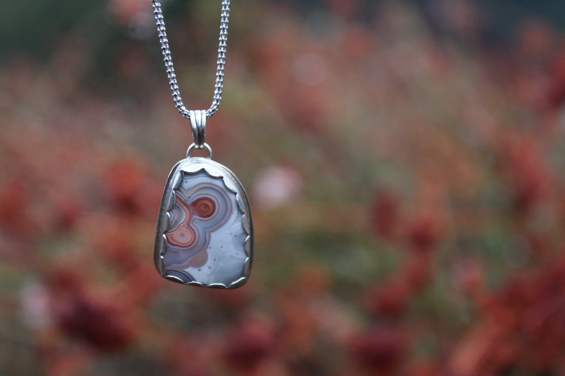 Handcrafted Artisan Jewelry ~ Crazy Lace Agate ~ Designed by Nature ~ Red Vein ~ Sterling Silver Necklace ~ All Goods From The Woods ~ Made in California