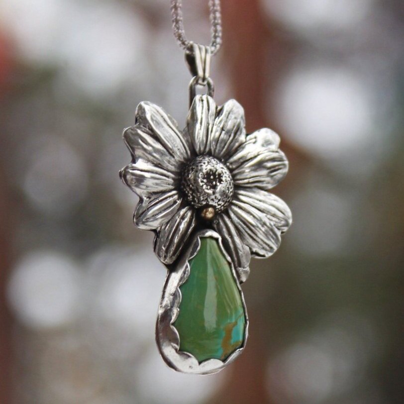 Handcrafted Artisan Jewelry ~ Authentic Wildflower + Kingman Turquoise ~ Green + Growing ~ Large Fine Silver + Sterling Silver Necklace ~ All Goods From The Woods ~ Made in California