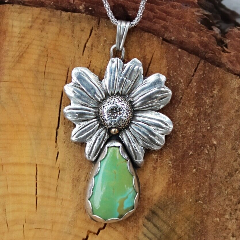 Handcrafted Artisan Jewelry ~ Authentic Wildflower + Kingman Turquoise ~ Green + Growing ~ Large Fine Silver + Sterling Silver Necklace ~ All Goods From The Woods ~ Made in California