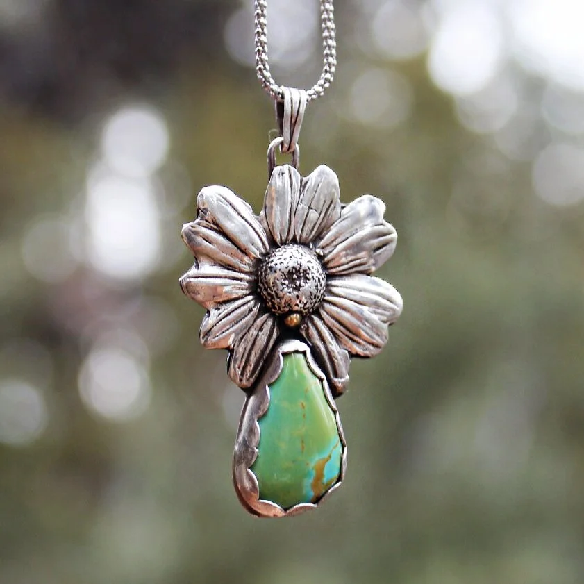 Handcrafted Artisan Jewelry ~ Authentic Wildflower + Kingman Turquoise ~ Green + Growing ~ Large Fine Silver + Sterling Silver Necklace ~ All Goods From The Woods ~ Made in California
