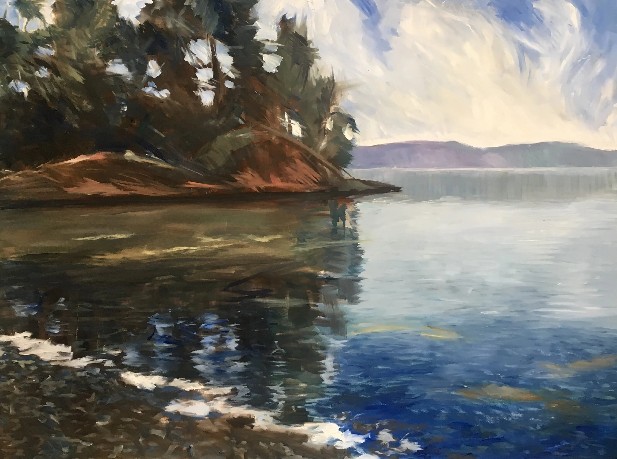 Evening Light oil on canvas 48”x 36”. The reference for this painting came from a little cove very close to us. Little streaks of sunlight interrupt the reflections in the water. We are so lucky to be able to go down to the shore after a long hot day and contemplate the serenity of this small and rare part of the world.