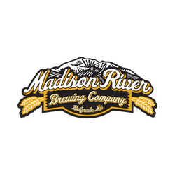 Logo for Madison River Brewing Company featuring a mountain and hop illustrations.