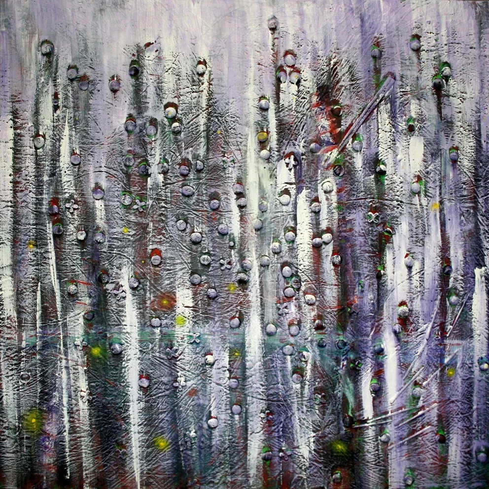 Winter, 36X36 inches, acrylic, glass beads, pins, and chopsticks on canvas