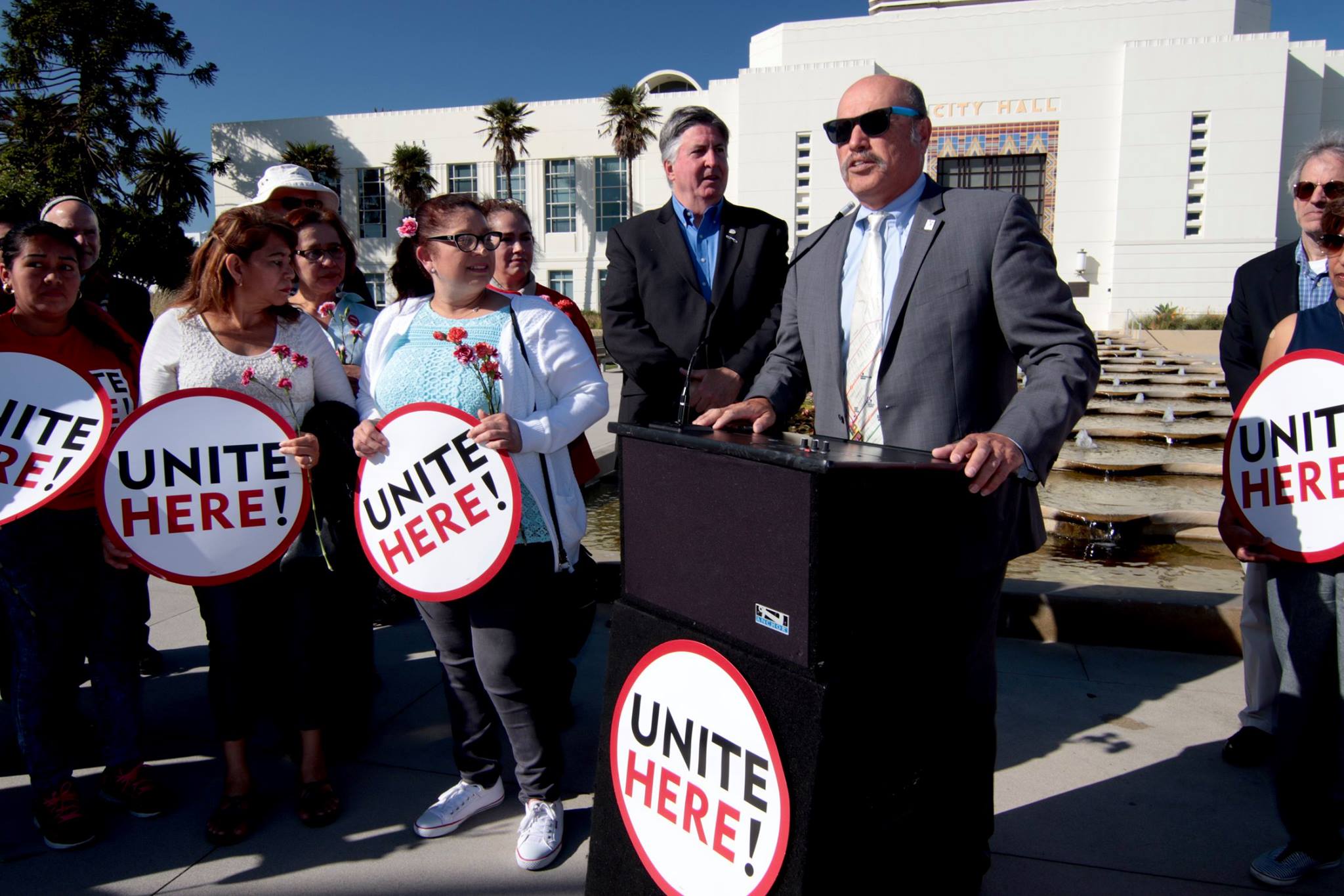 Tony speaking to the Santa Monica hotel workers after their overdue union win