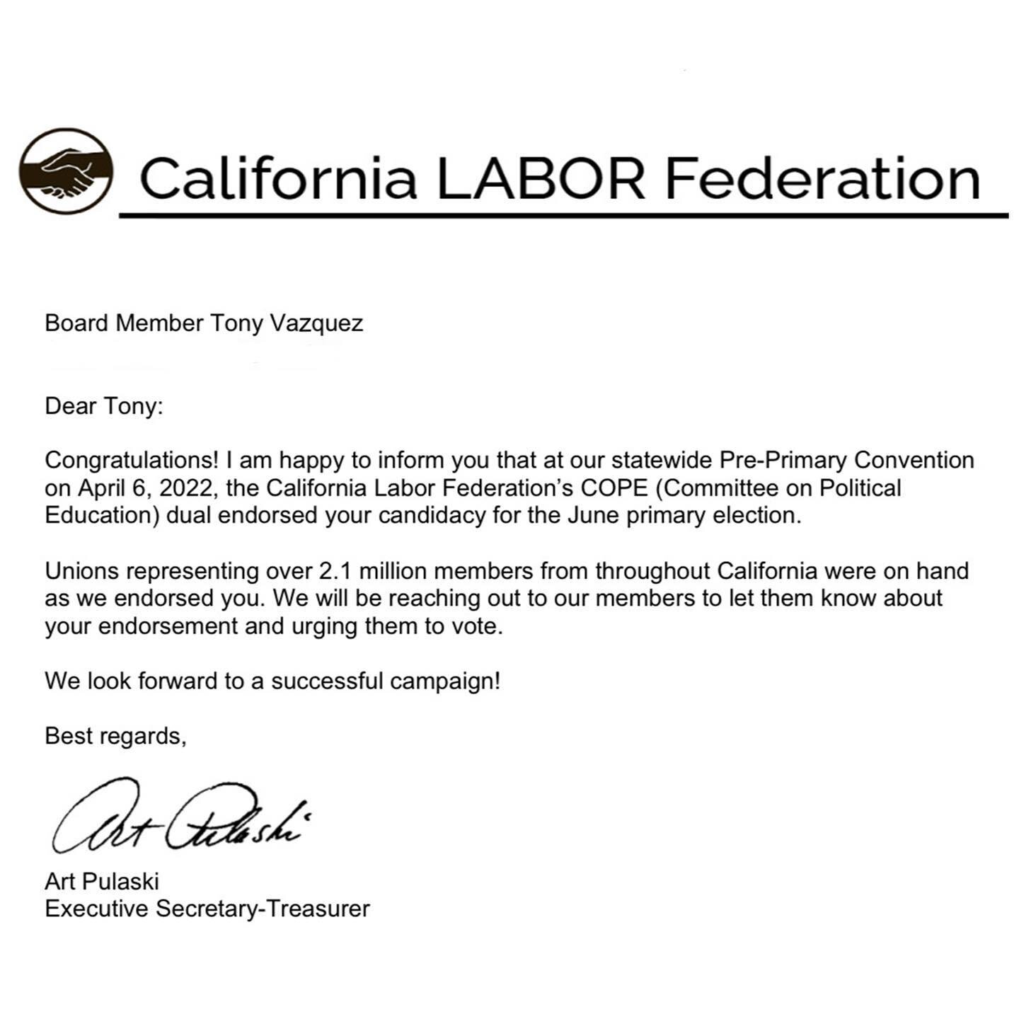 I feel honored to be endorsed by one of the largest labor organizations in the state of California and I&rsquo;m looking forward to working with @californialabor to create more affordable housing for our labor workforce. #VoteVazquez
