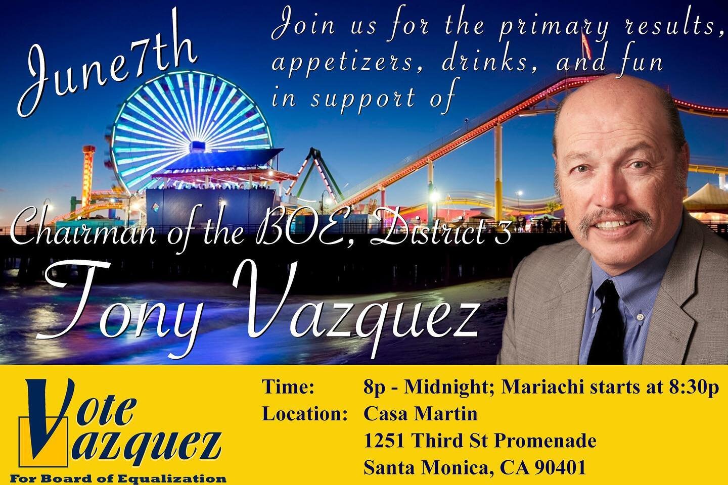 Come out and join us for primary election results this Tuesday, June 7th at Casa Martin on the Third St promenade. It will be a fun evening watching democracy in action! #primaries2022 #VoteVazquez