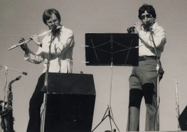 I took private jazz improvisation lessons from saxophonist Frank Smith (left) in 1975. Joe Corral (right) played flute in the Phoenix Symphony, and in the Charles Lewis Quintet + One with Frank. I later subbed for Frank sometimes in this group. Photo by Allan Chase.