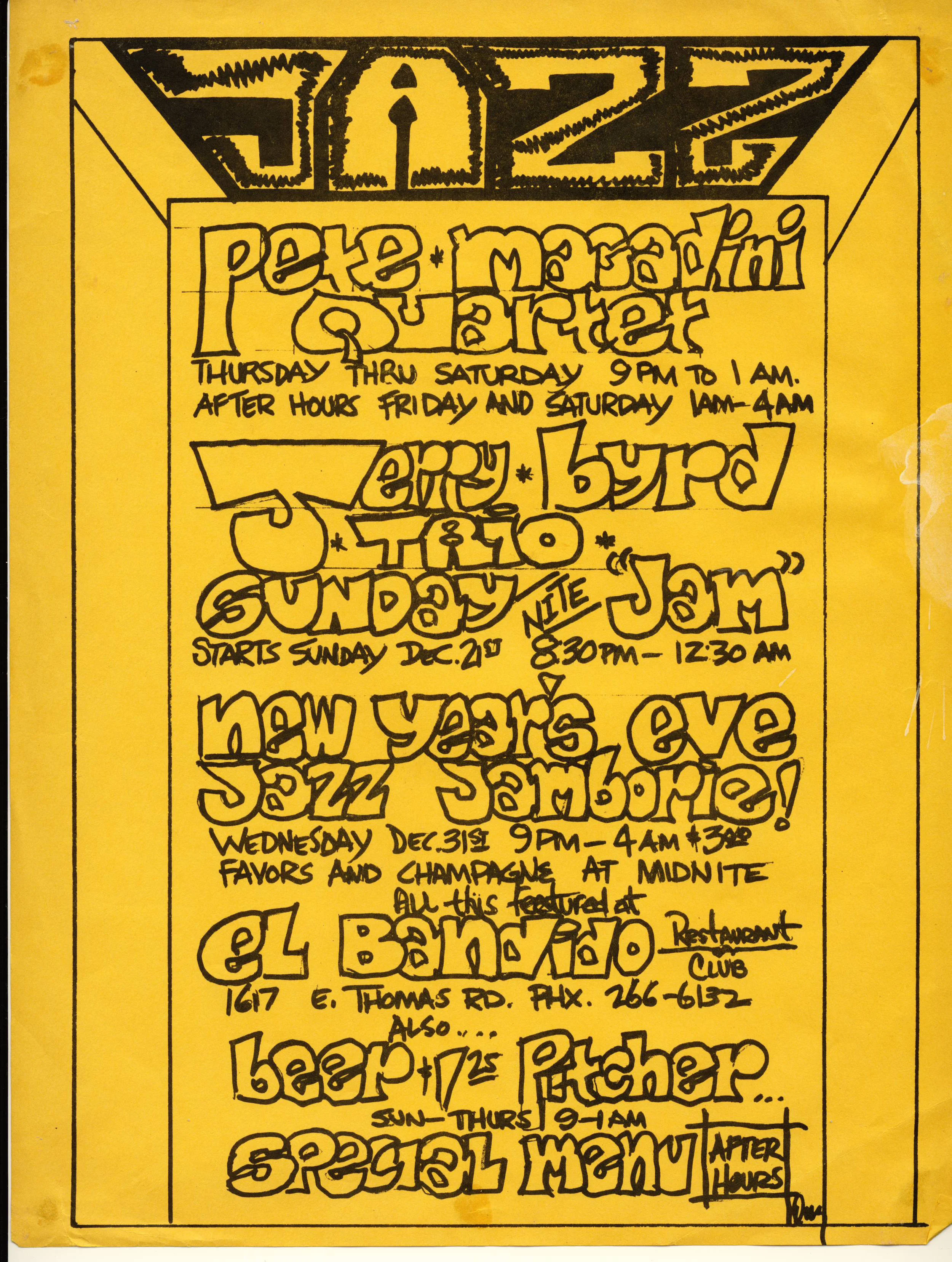 December 1975 flyer for El Bandido. Prince Shell was the pianist in the Pete Magadini Quartet.
