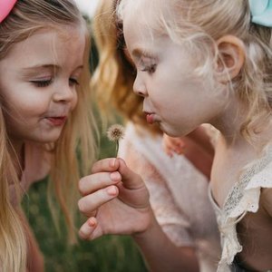 Two young girls with blonde hair smelling a dandelion in a grassy outdoor setting.