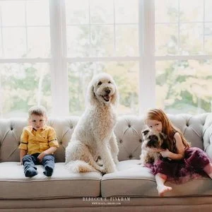 A young boy, a large white dog, and a girl with a puppy sitting on a white sofa in front of large windows with green trees outside.