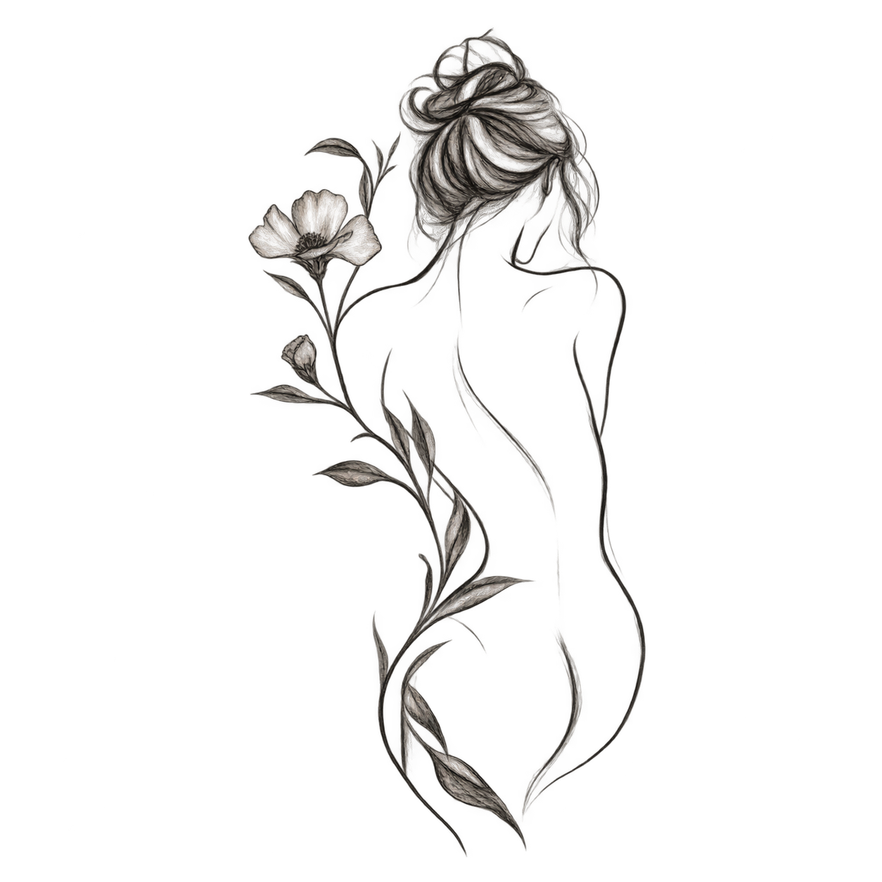 Delicate line art of a woman’s natural silhouette intertwined with flowers, illustrating body acceptance and self recognition in preparation for a boudoir photography session.