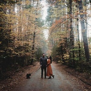 A couple walking with their two dogs on a forest trail in autumn, surrounded by trees with colorful leaves.