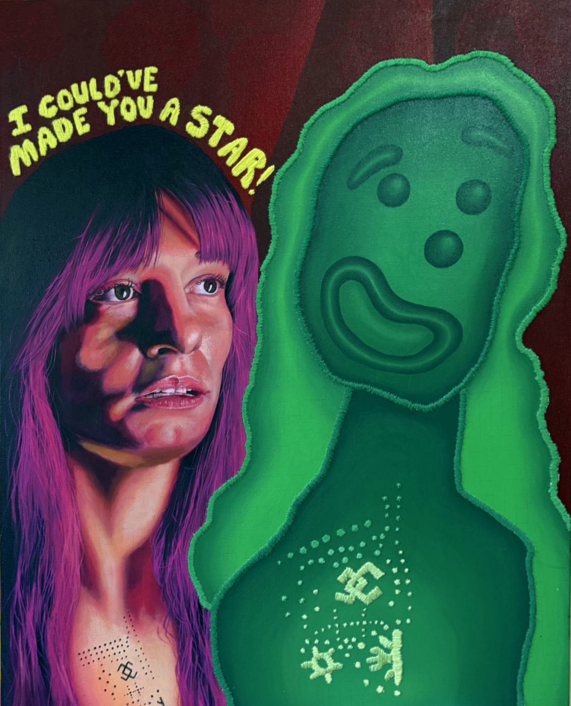 WHAT NINA SAID ABOUT THE UNIVERSE IN THAT PLAY, Acrylic and Embroidery on canvas, 20 x 26 in