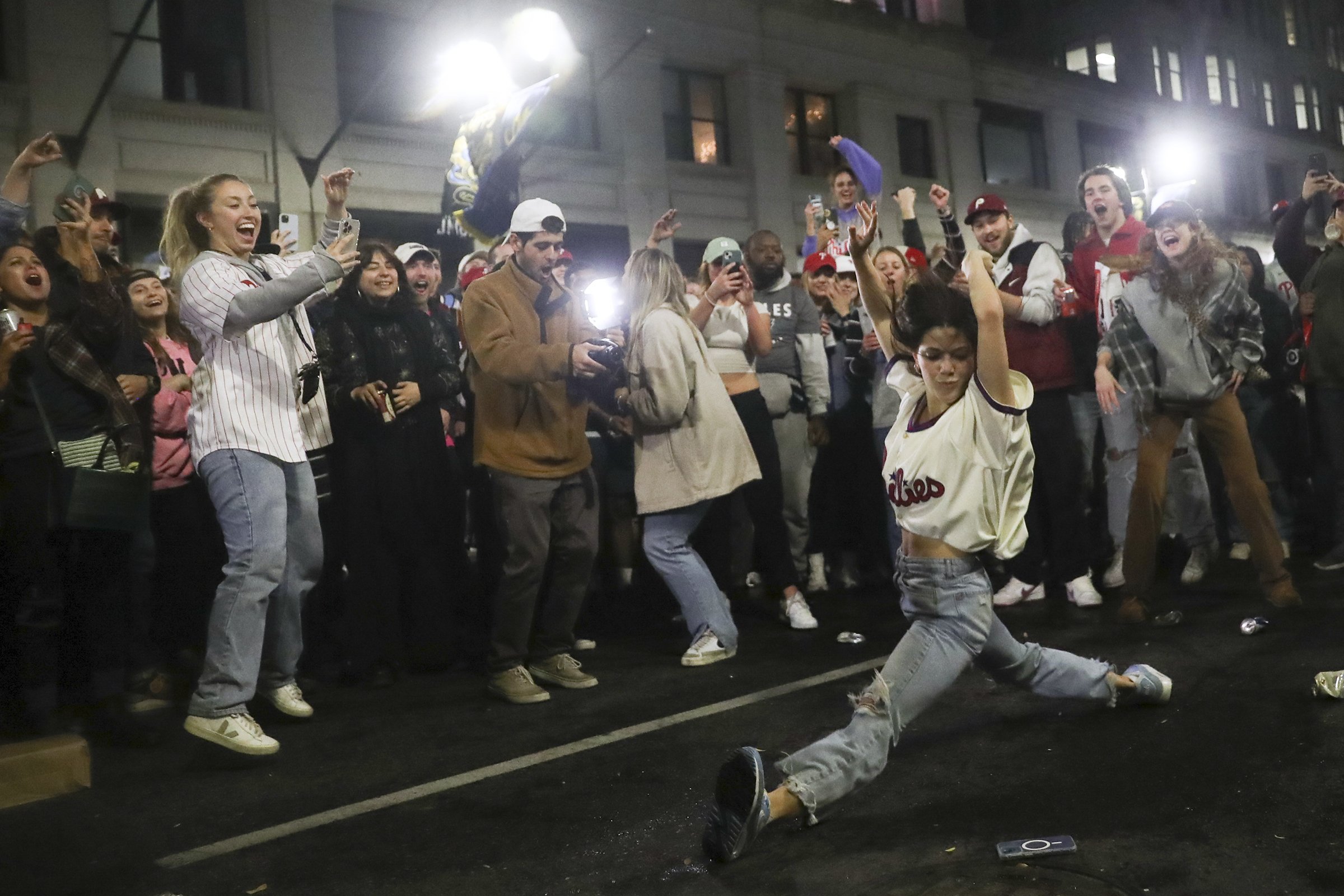  Fans celebrate in Philadelphia after the Phillies defeated the Padres to advance to the World Series on Sunday, Oct. 23, 2022. 