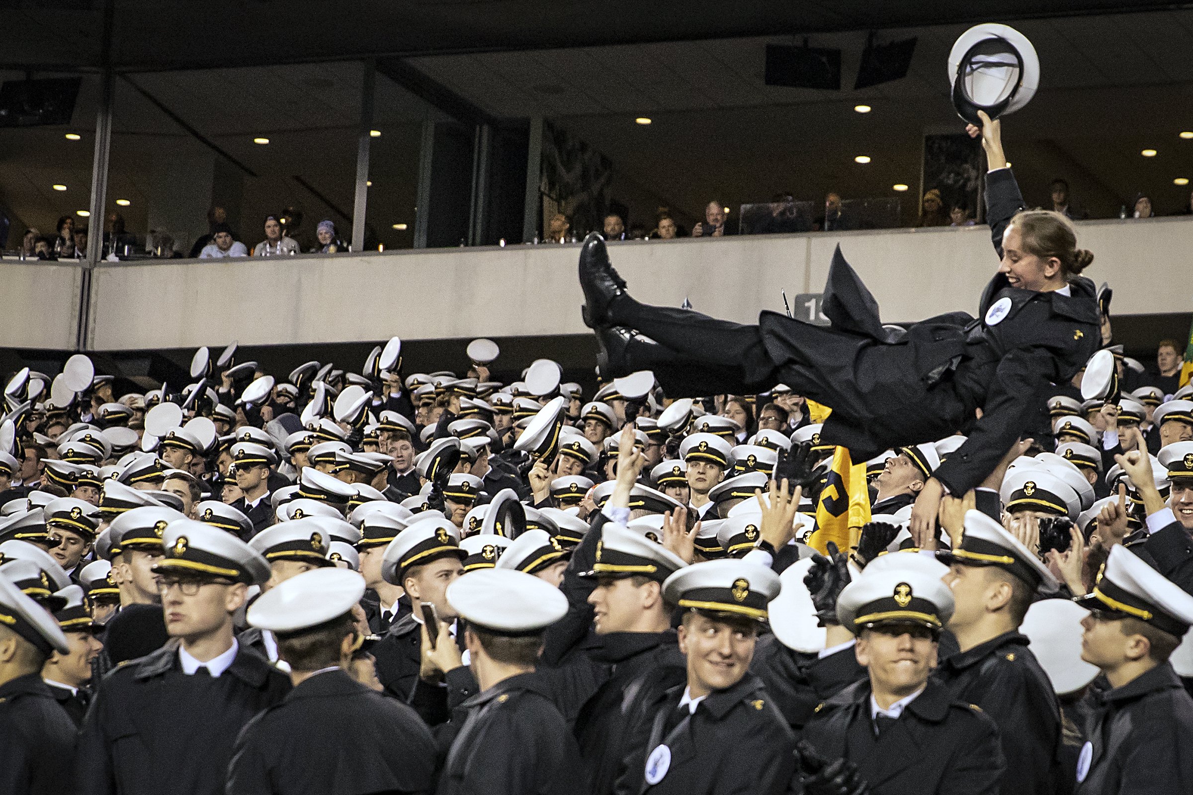  The Navy fan section begins to celebrate a victory late in the fourth quarter of the 120th Army-Navy football game at Lincoln Financial Field on Dec. 14, 2019. Navy won, 31-7 