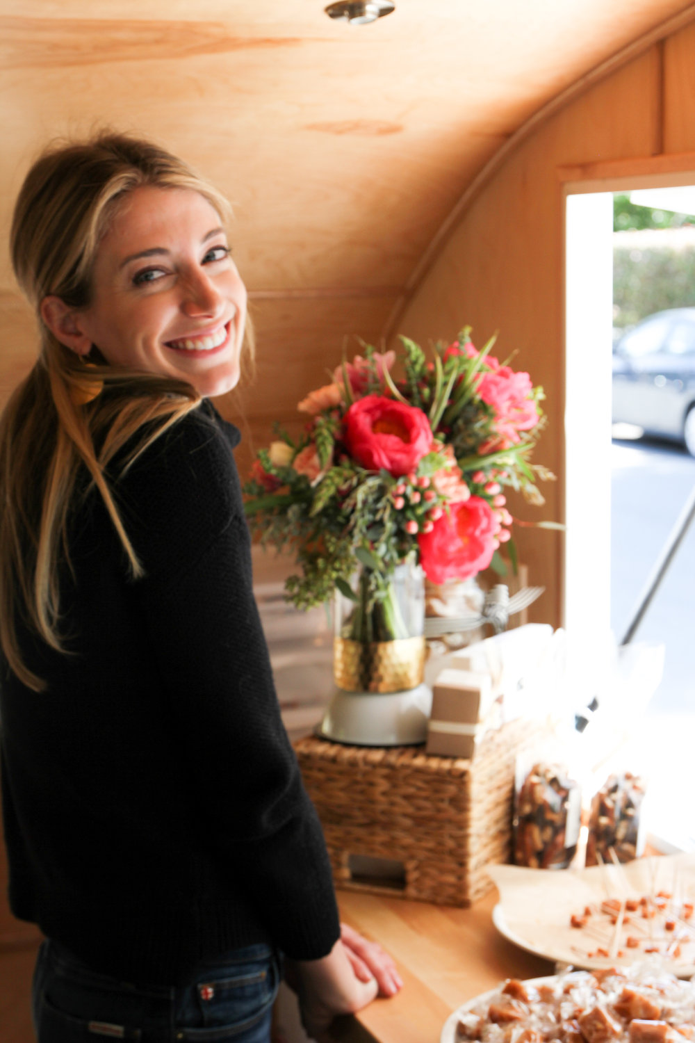 courtney and farmgirl flowers in trailer