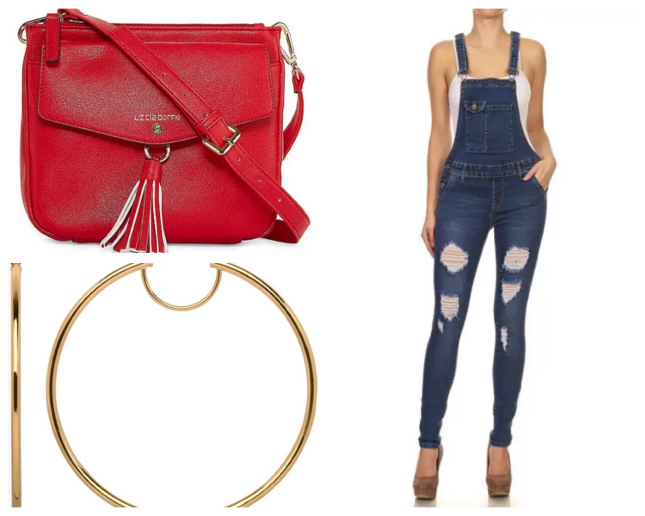 Combine the cute denim overall ($41.75) with a red leather bag ($50.00) and some oversized yellow hoop-earrings ($62.99) All available in our app