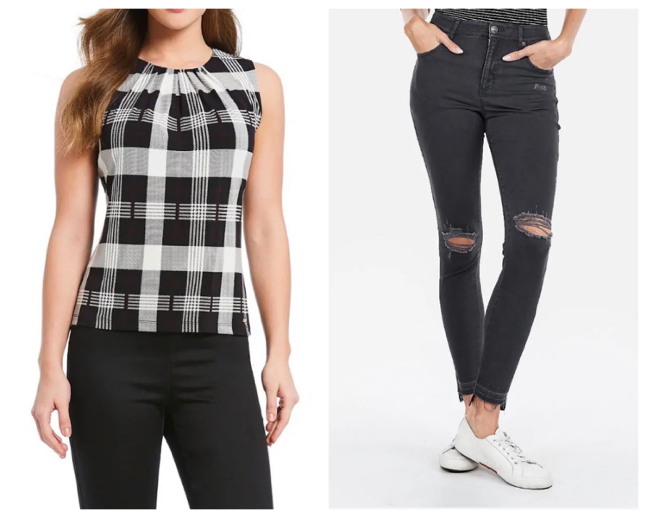 More the black and white type? No problem! Combine this super cute checked top ($39.00) with some black ripped jeggings ($69.90) All available on our app
