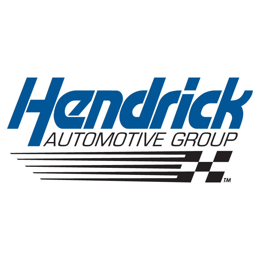 Hendrick Automotive Group logo with blue text, black italic text, and black and white checkered racing stripes.