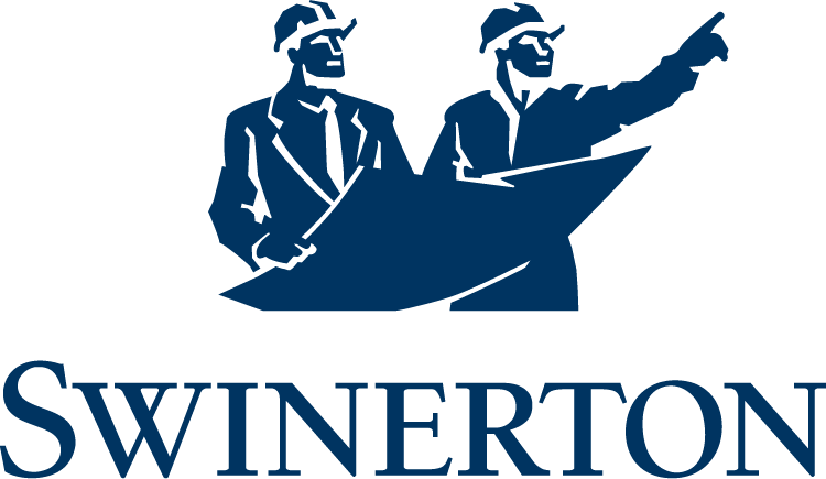 Logo featuring two construction workers in hard hats and safety vests holding blueprints, with the word 'SWINERTON' underneath.