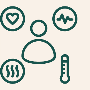 Icônes médicales représentant le cœur, la fréquence cardiaque, la température et la santé générale autour d'une silhouette humaine.