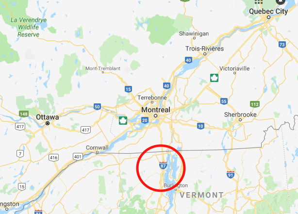 Interstate-87 in northern Vermont, before crossing into Canada