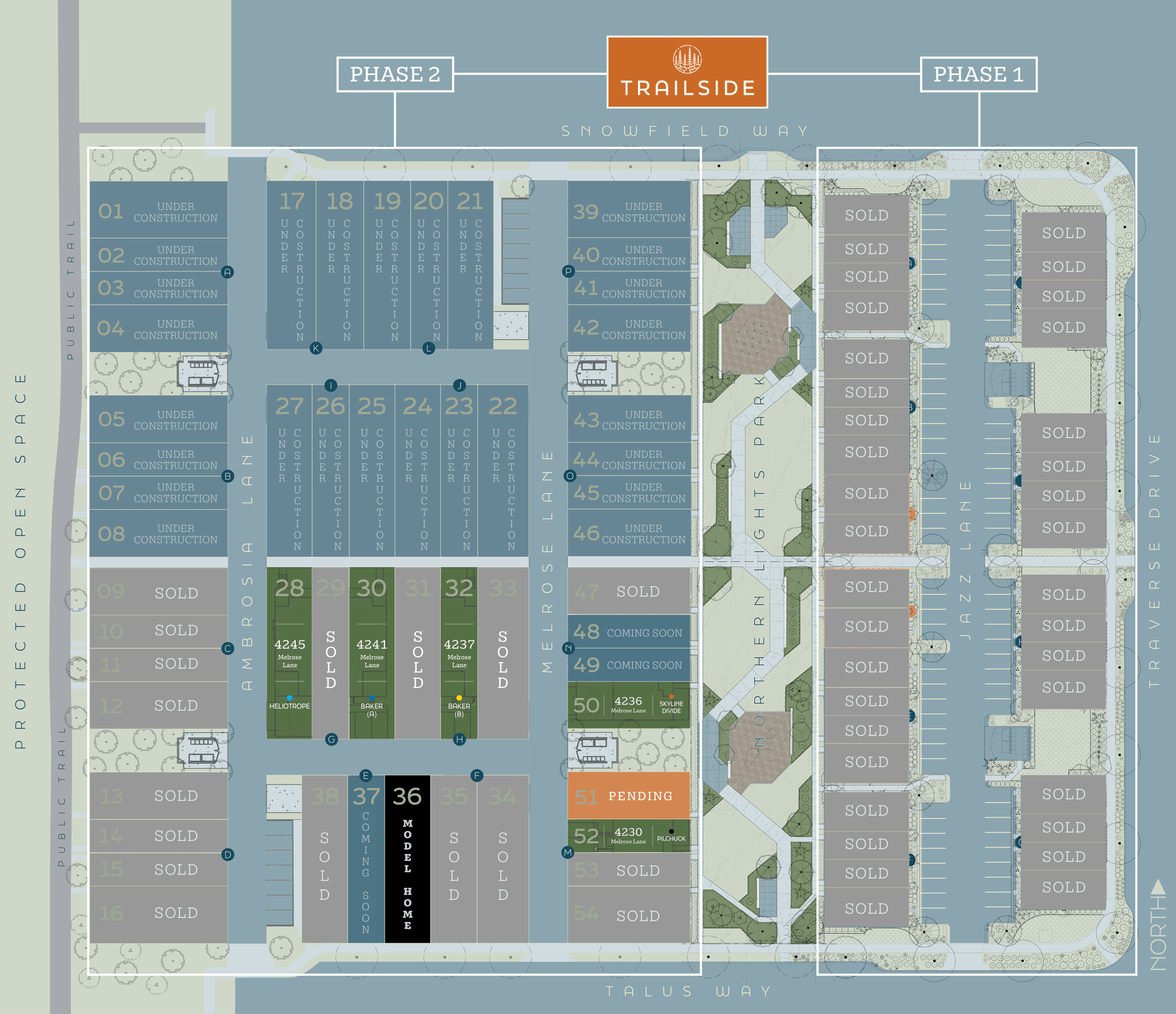 neighborhood map showing sold/available homes