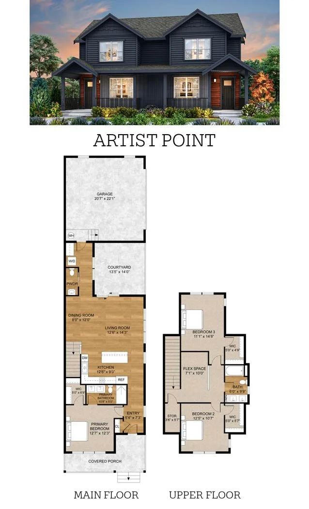 Drawings of 3-bedroom home with 2-car garage and private courtyard