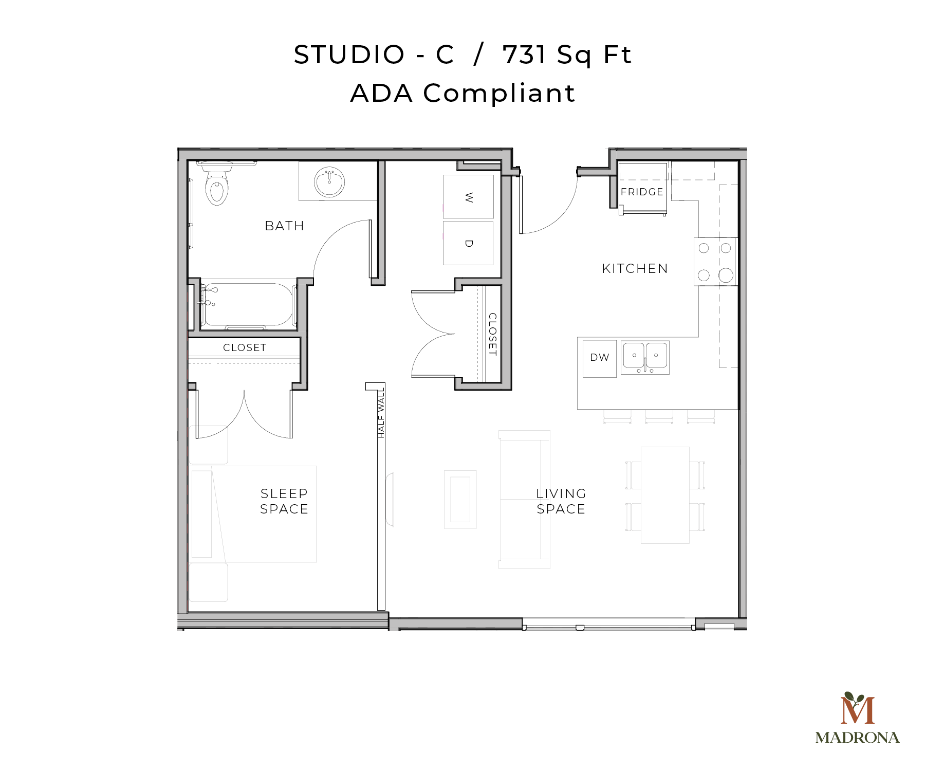 Studio Plan "B" | 731 Sq Ft | ADA Compliant