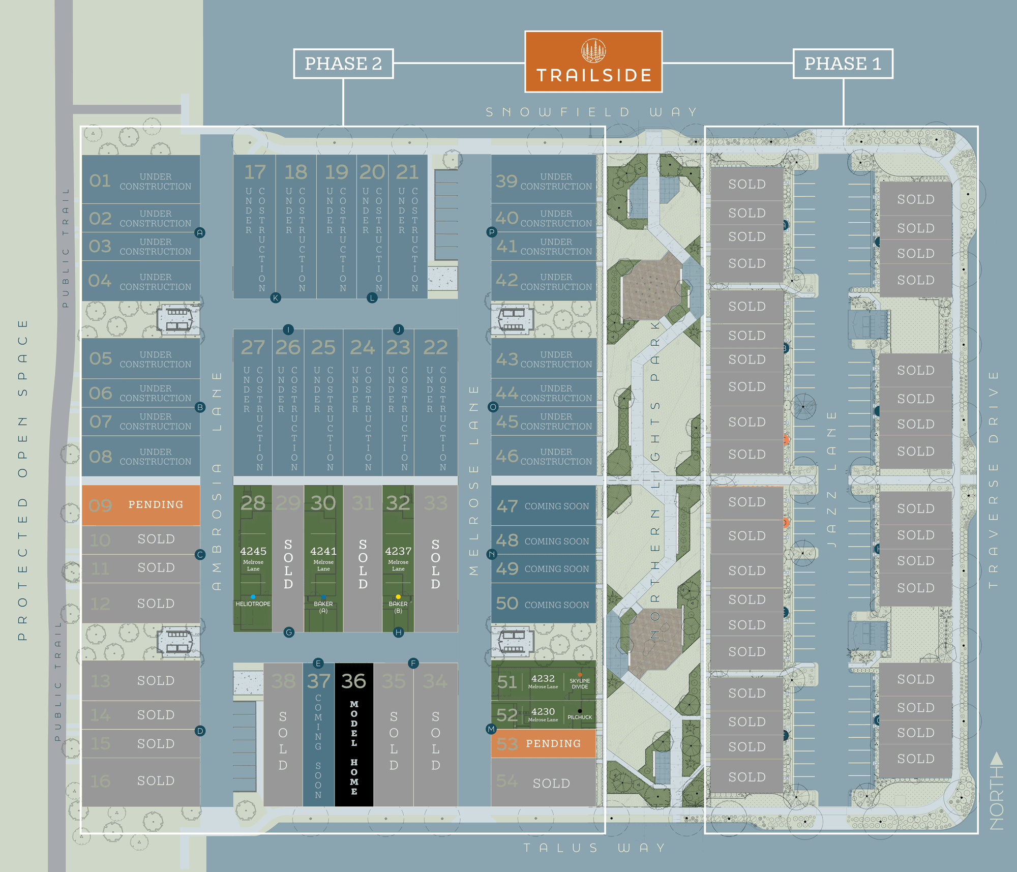 neighborhood map showing sold/available homes