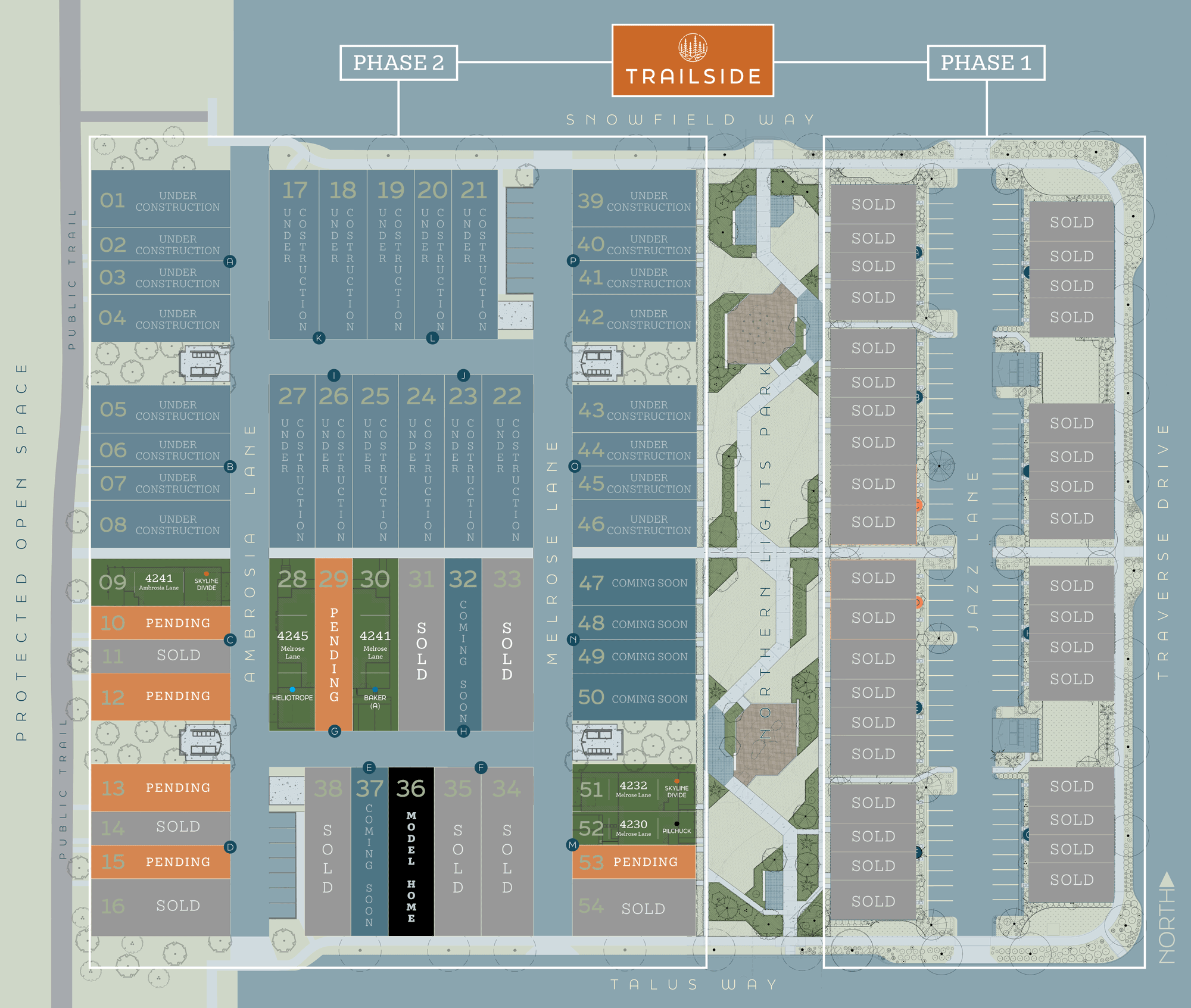 neighborhood map showing sold/available lots