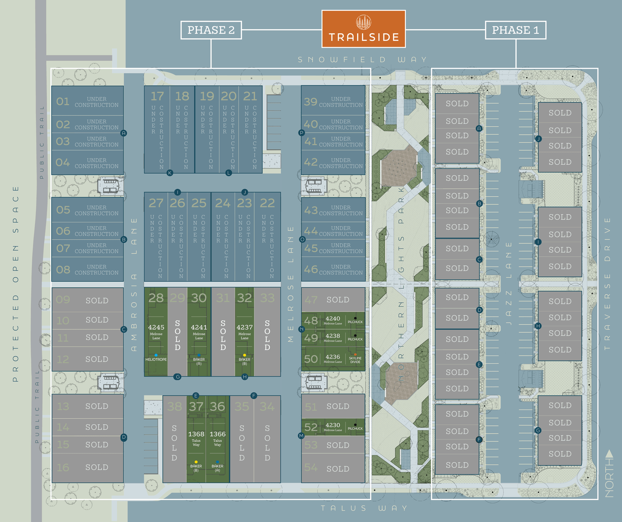 Trailside neighborhood map showing sold/available homes
