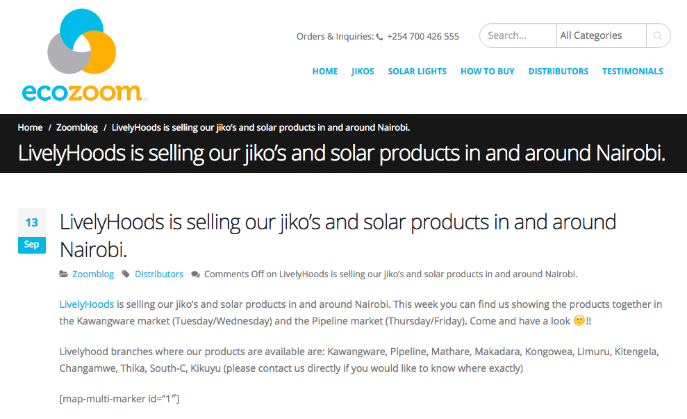 LivelyHoods is selling our jiko’s and solar products in and around Nairobi.