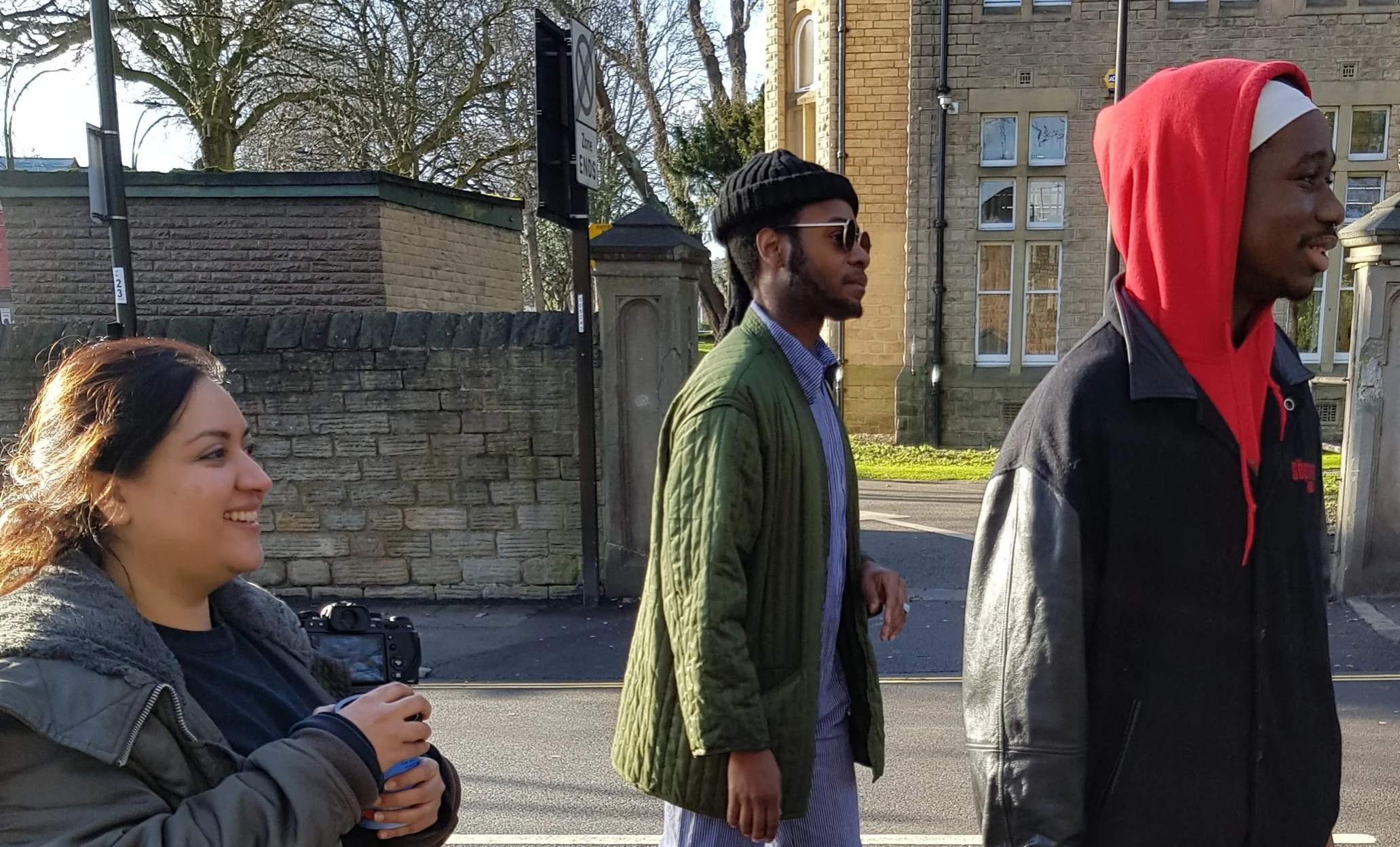 Sadia Rafique (Creative Director), Nickque (Art Director) and Kay (Photographer) walking the mean streets of Sheffield during the Forge Denim photoshoot.