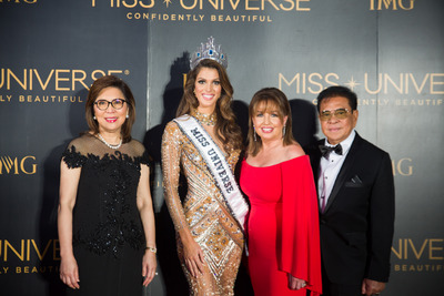 DOT Secretary Wanda Teo; Mittenaere; MUO President Paula Shugart and Chavit Singson during the 65th Miss Universe Pageant in the Philippines