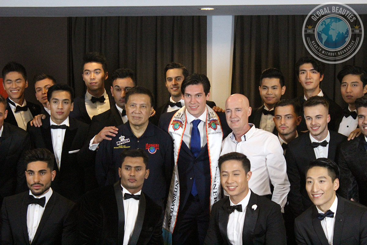 Manhunt International 2017 contestants with International President Alex Liu (L) and Executive President Rosko Dickinson (R) who have been in charge of the competition since 1993.