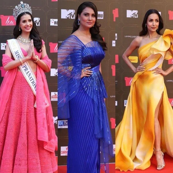 On the Miss Diva 2020 red carpet – Anntonia Porsild, Miss Supranational 2019, Lara Dutta Miss Universe 2000 and mentor, Miss Diva and Malaika Arora, host