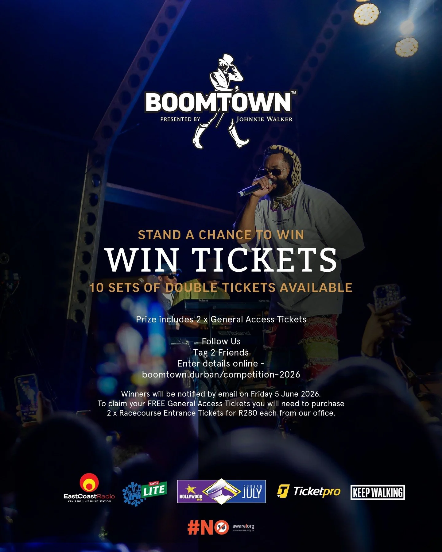 STAND A CHANCE TO WIN TICKETS to BOOMTOWN presented by Johnnie Walker.

We are giving away 10 sets of double tickets.

Prize includes 2 x General Access Tickets... so you and your friend can experience the vibes at BOOMTOWN on Saturday 4 July.

How t