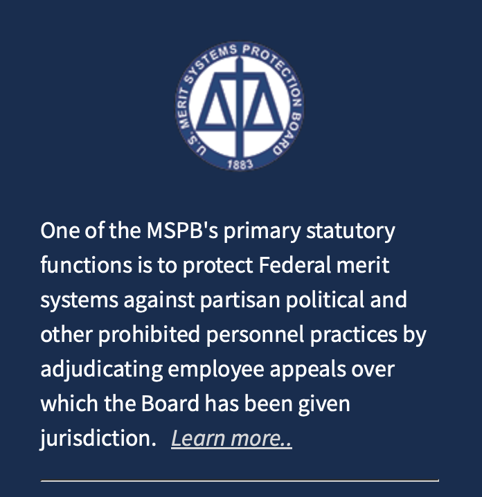 U.S. Merit Systems Protection Board logo with a paragraph explaining its function to protect federal merit systems against partisan practices and personnel abuse.