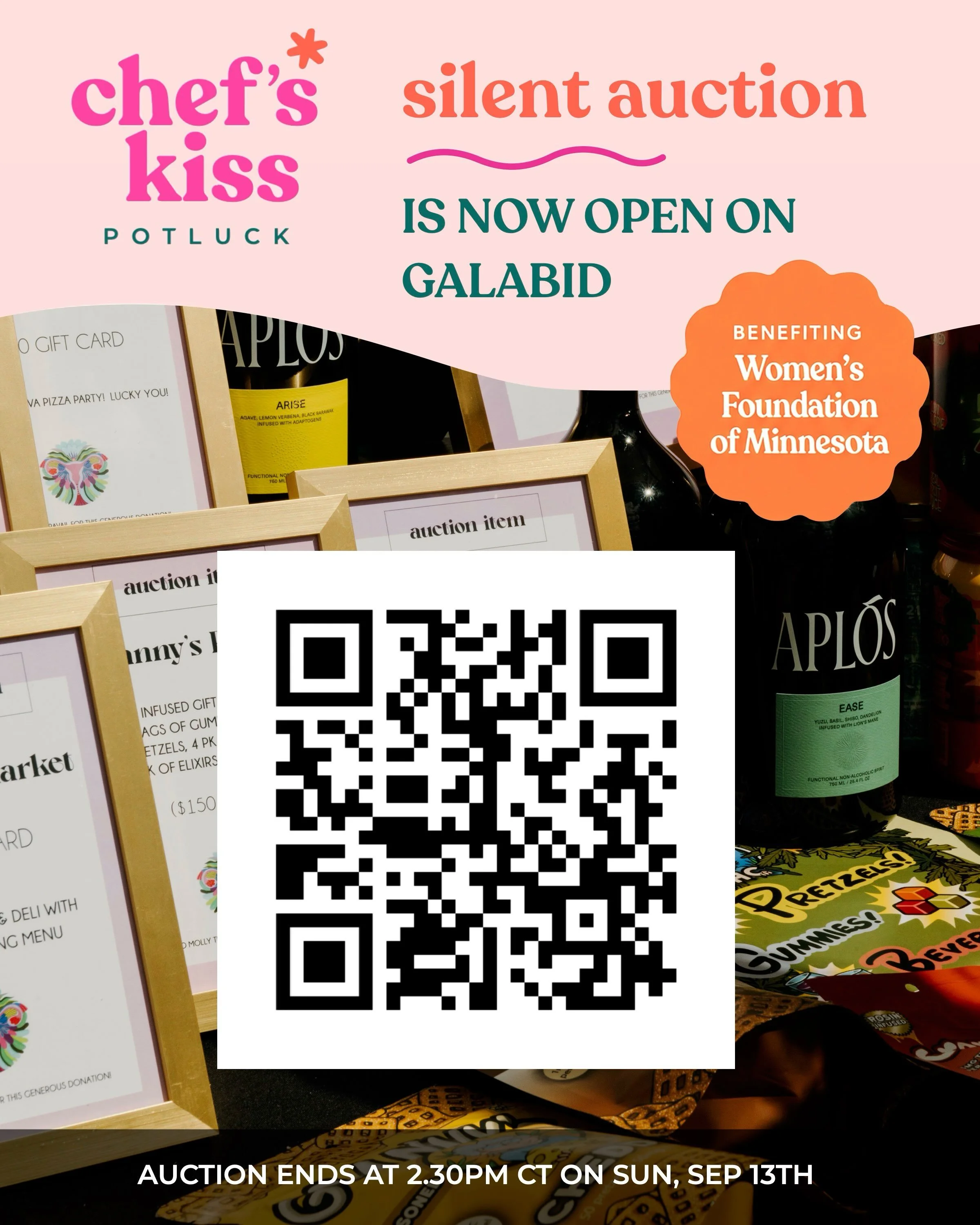 The Chef&rsquo;s Kiss Potluck is only 2 days away and this year we are opening the silent auction early and to everyone!

Starting NOW scan the QR code to bid on over 70 seriously amazing items - Vikings tix anyone?? You can bid even If you are unabl