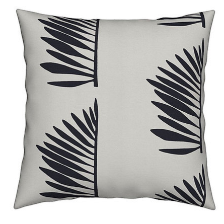 Onyx Palmetto, 20" x 20" printed cotton with down insert, $125 (pairs available)